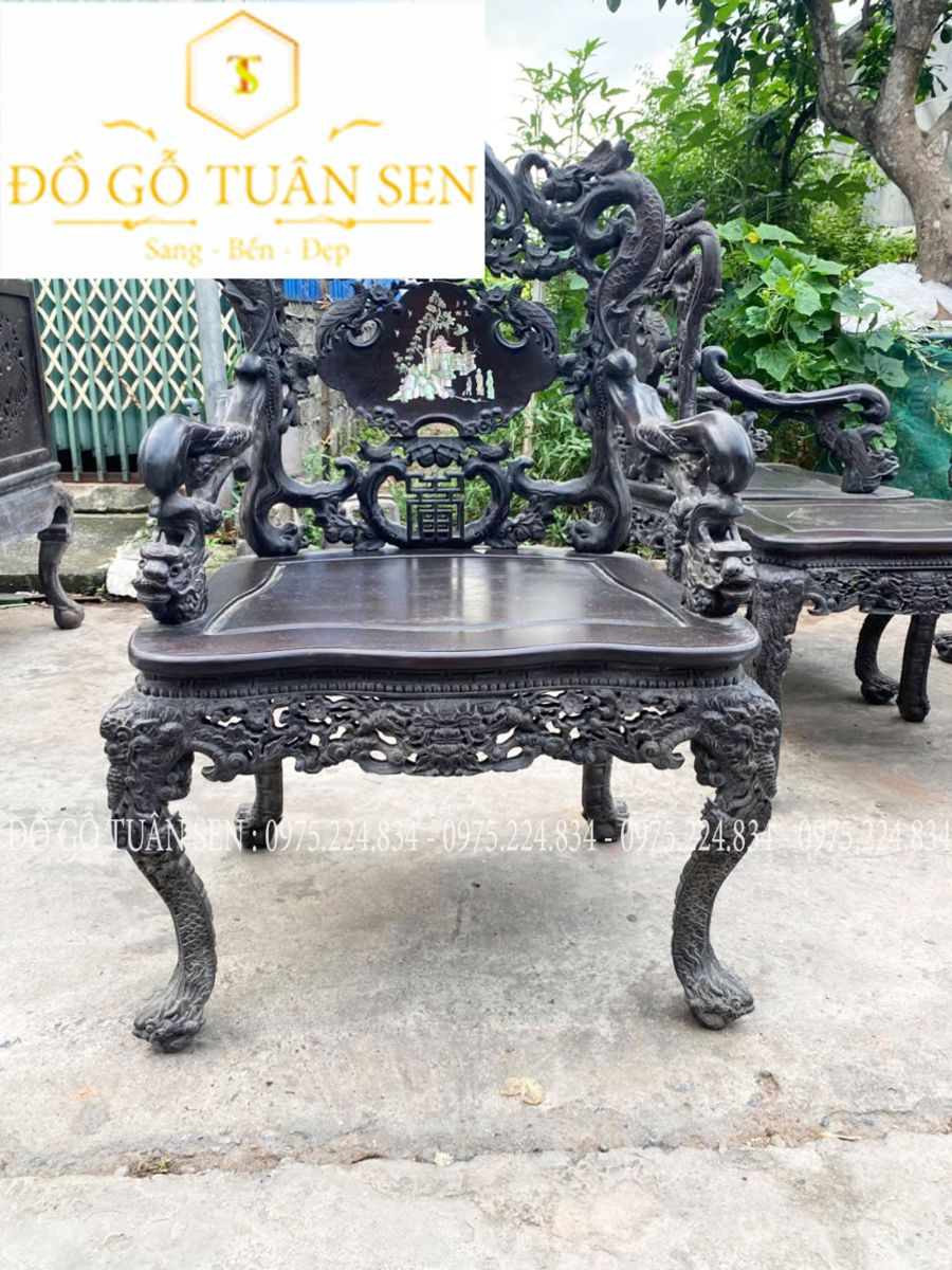 Hình ảnh bộ bàn ghế khánh rồng gỗ khảm ốc 